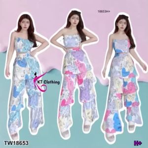 P18653 Set 2 ชิ้น เสื้อเกาะอกผูกโบว์หลัง พิมพ์ลาย + กางเกงขยาว ระบายชั้น พิมพ์ลาย