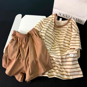 Womens Summer Sleepwear Set Pure Cotton Short Sleeve Cool Feeling Large Size with Chest Pad Can Be Worn outside Grey Stripes