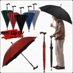 BINLU Senior Cane Umbrella Anti Slip Walking Support UV Protection Golf Umbrella Heavy Duty Large Long Handle Umbrella for Elderly Adults Rainy Season Outdoor Umbrella Walking Stick Umbrella Payong Pang Matanda