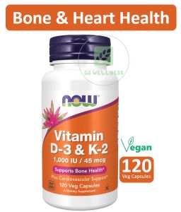 NOW Supplements Vitamin D-3 & K-2 1000 IU/45 mcg 120 Veg Capsule Supports Bone Health Plus Cardiovascular Support