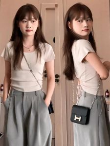 เสื้อยืดไหมน้ำแข็งคอตตอนแขนสั้นทรงเข้ารูปสำหรับผู้หญิง ฤดูร้อน 2025 สไตล์เกาหลี เสื้อตัวบนสั้น ทรงเข้ารูป เสื้อผ้าทำงาน