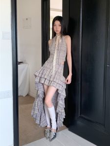 Retro Plaid Neckline Blazer Vest Asymmetrical Skirt Elegant Two-Piece Suit Summer Commute Style Sleeveless Hanging Neck