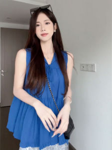 YUFUQING | French Gentle Blue V-neck Sleeveless Top Womens Summer Fashionable High Waist Short Skirt Polyester Fiber 100% Commute Style
