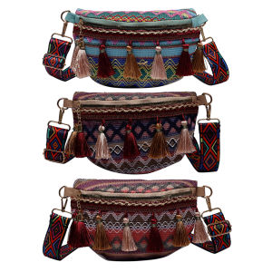 4TH Women Boho Crossbody Bag with Fringe Decor Canvas Geometry Patterns Sling Bag Leisure Tassel Waist Pack Female Daily Bag
