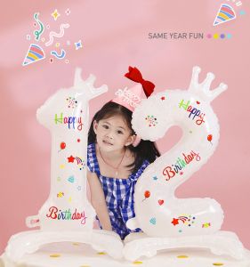 32inch Printed White Number Balloon Stand Adult BirthdayParty Background Decoration Kid Boys Girls Creative Crown Balloon Kit Standee Baby Shower Diy Decoration For Christening Home Decor Party Supplies