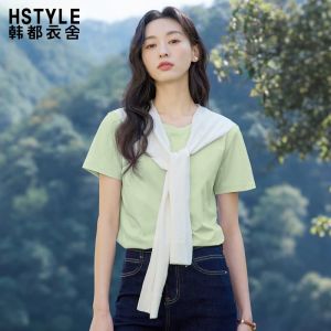 HSTYLE | Áo Thun Tay Ngắn Cổ Tròn In Chữ Ôm Sát Mùa Hè Màu Xanh Nhạt 100% Cotton