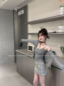 Fashionable Miss Lili Pleated Spicy Girl Style Tank Top High Fashion Pure Desire Top And Cardigan Two-Piece Set for Young Women