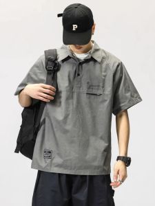 American Retro Workwear Short Sleeve Polo Shirt Men Summer Trendy Loose Large Size Pure Cotton Half Sleeve Turn Collar Shirt T-Shirt