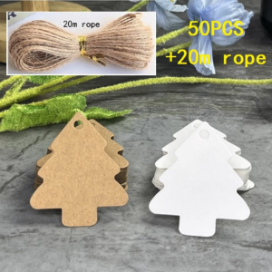 50pcs XMAS Tree Tags + 20m Hemp Rope Kraft Paper Tags for Rustic Wedding Gift Holiday Decor
