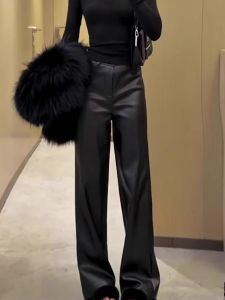 High Waist Straight Leg Black Faux Leather Pants Womens Fashionable Slimming Stylish Winter New Arrival All Match