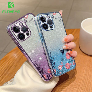 FLOVEME Luxury Plating Gradient Glitter Phone Case For iphone 15 14 13 12 11 Pro Max 15 14 Plus Secret Garden Flower Painted Lens Protection All-inclusive Soft TPU Shockproof Baco Cover For iphone X XR XS Max
