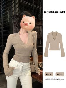 YUEZHONGWEI | Oat Color V-Neck Long Sleeve Slim Knit Top