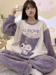 Thickened Coral Fleece Sleepwear Womens Autumn Winter Plush Cartoon Cute Hello Kitty Loose Home Clothes Set Long Sleeve round Neck