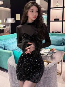 Váy Lưới Sequin Nữ Thu Đông Ôm Vừa Vặn Thanh Lịch Váy Ngắn Bên Trong Váy Midi Cổ Chữ V Dài Tay Váy Công Sở