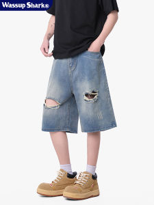 Quần Short Denim Rách American Retro WASSUP SHARK Cho Nam Mùa Hè Quần Dài Năm Điểm Ống Đứng Rộng Rãi Thường Ngày Cotton Polyester