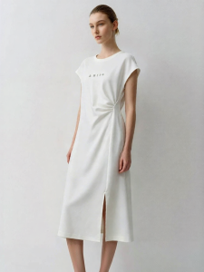 AMII | Round Neck Sleeve Joint Rhinestone Decorated Gathering Dress