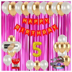 Paket Set Dekorasi Pesta Ulang Tahun Anak Banner Happy Birthday Merah Balon Putih Gold Ultah Simple