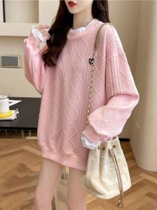 Loose Womens Sweatshirt Fake Two-Piece Design Spring Autumn plus Size Clothing Meat Concealing Comfortable Polyester Fiber