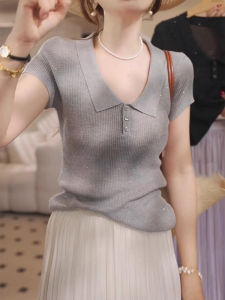 Shalldoer | เสื้อสเวตเตอร์คอปกสีพื้นแขนสั้นผู้หญิง ผ้าฝ้ายผสมโพลีเอสเตอร์ ทรงหลวม ระบายอากาศได้ดี ใส่ไปทำงานได้ทุกวัน