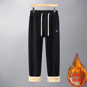 กางเกงลำลองชายเอวสูงหนาป้องกันความหนาว กางเกงขายาวทรงตรงผ้าขนแกะผสมโพลีเอสเตอร์ กางเกงกีฬาลำลองสำหรับผู้ชาย