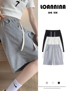 พลัสไซส์ สูง เอว กีฬาสีเทา กางเกงขาสั้น ผู้หญิง หลวม Fit ฤดูร้อน เสื้อแจ๊กเก็ตแบบบางขากว้างความยาวปานกลาง กางเกง ความยาวห้าส่วน