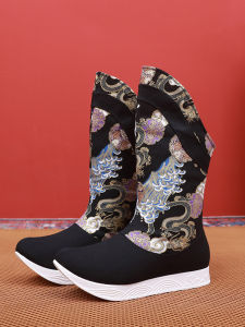 Elevated Winter Long Tube Hanfu Boots Ming Dynasty Fleece Lined Curly Head National Style Martial Arts Boots for Men