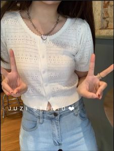 Slim Fit Ice Silk Short Sleeve Knitted Cardigan Womens Summer New Style Bubble Sleeve Short Length Outerwear T-Shirt Top