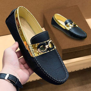 Genuine Leather Soft Bottom Mens Driving Slip-On Loafers Spring Autumn Casual Trendy Brand Bean Shoes Gold Edge Detail