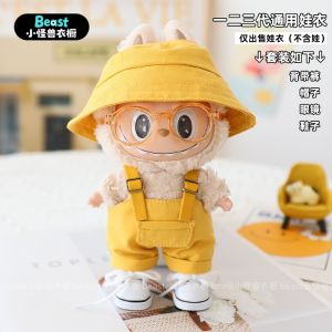 Cool Black Fisherman Hat Overalls Labubu Doll Clothes Third Generation Trendy Clothing Hanging Ornament for Dolls