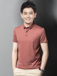 ROMON | เสื้อยืดแขนสั้นผ้าไหมน้ำแข็งสำหรับผู้ชาย ทรงหลวม ลำลอง บาง ปกโปโล ฤดูร้อน 2023 ผ้าไนลอนผสมยางยืด สีสันสดใส