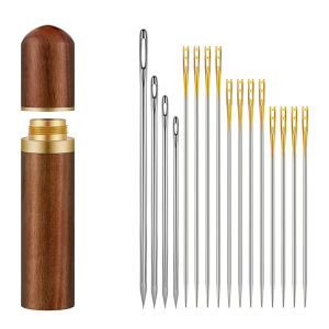 12 Pcs/Set Self Threading Needles Double Hole Needles with Wooden Needle Case for Sewing Embroidery