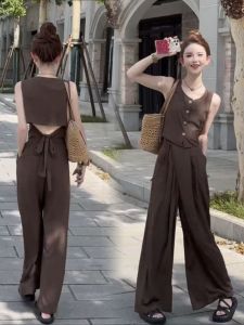 Fashionable Pure Color Belted Slim Fit Top Wide Leg Pants Womens Set Summer New Arrival Single Button Stylish Ensemble