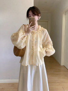 PAIBOLI | เสื้อคอตั้งแขนยาวหลวมๆ สีเหลือง ทรงหลวมๆ สำหรับผู้หญิง ดีไซน์สไตล์ฝรั่งเศส เสื้อผ้าทำงาน ทรงหลวมๆ แขนยาว