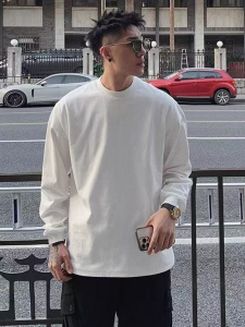 Áo Thun Dài Tay Màu Trắng Mỹ Dành Cho Nam Thanh Thiếu Niên Mùa Xuân Thu Cotton Nguyên Chất Cổ Tròn Áo Nỉ Bên Trong Áo Sơ Mi