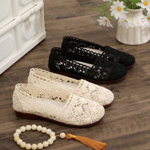 รองเท้าผ้าปักฤดูร้อนสำหรับผู้หญิง ส้นแบน สวมใส่สบาย รองเท้าลำลอง พื้นนุ่ม รองเท้าแม่ รองเท้ากันลื่น รองเท้าสวม ส้นแบน พื้นยาง