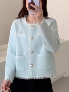 Áo Khoác Len Cổ Tròn Viền Ren Sang Trọng Cho Nữ Áo Len Cardigan Hở Tay Dài Tay Màu Trơn Cài Nút Mềm Mại Thoải Mái