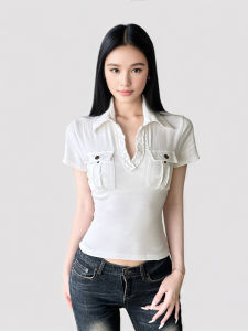 Funoff American Retro White Workwear Pocket Polo Neck Shirt Waist in Low Chest V-neck Short Sleeve T-shirt Top Summer Street Style