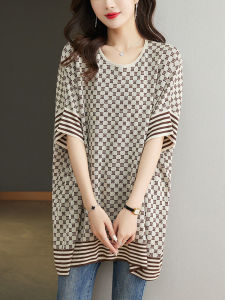 plus Size Summer Ice Silk Knitted Top Womens Mid-Length Short Sleeve T-Shirt Real Silk Loose Fit Korean Style round Neck