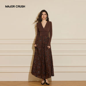 French Plane Tree Autumn V-neck Elegant Retro Luxury Brown Dress
