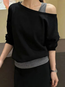 Shalldoer | Korean Style Long Sleeve Shoulder Bared Womens Sweatshirt Casual Loose Fit Autumn New Arrival Creative Pattern High Waist
