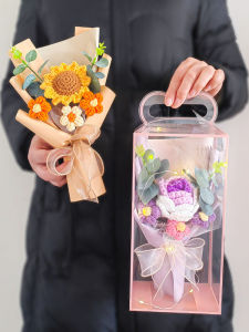 Hand Knitted Small Bouquet of Roses And Sunflowers Faux Flowers for Festival Activities Creative Gift Box Floral Simulation