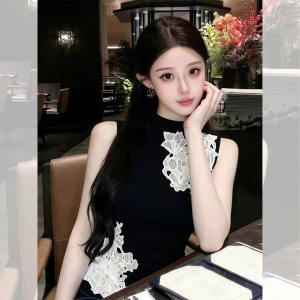 chaqi | Stylish Slim French Mature Color Block Lace Spliced Hollow Out Sleeveless Top for Women