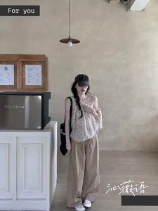 QINWEIYU | Bộ Áo Trễ Vai Chấm Bi Và Quần Ống Rộng Mùa Hè