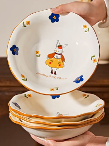 Mewah & Selamat Set Pinggan Mangkuk Seramik High-End Underglaze Color French Retro Cute Cartoon dinner wedding microwave gifts Ceramic Tableware Set Healthy Dinnerware Including Rice Bowls Noodle Bowls Fish Plates for Household ceramic