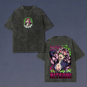 Bandai | Demon Slayer Mens and Womens Washed T-Shirt Mitsuri Kanroji Summer and Spring Anime Trendy Tee Retro Distressed Short Sleeve