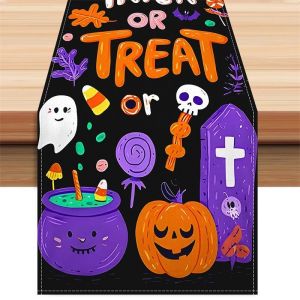 VIKAMA Halloween Table Runner Spooky Pumpkin Ghost Spider Web Linen Table Runner Farmhouse Dining Halloween Party Table Decor