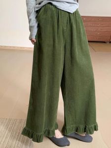 Thickened Corduroy Flared Pants with Lace Design Casual Green Color Womens Winter Fashionable Korean Style Commute Clothes