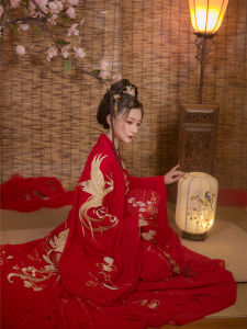 Original New Hanfu Womens Wedding Gown Feng Lingyun Red Full Embroidery Large Sleeve Printed 6 Meter Skirt Ruched Blouse 8001