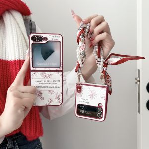 Full Cover Sketch Flower Leather Texture Foldable Screen Handbag Chain Samsung ZFlip6 ZFlip5 ZFlip4 GalaxyW24Flip Protective Case