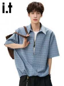 izzue | American Collar Plaid Short Sleeve Shirt False Two Pieces